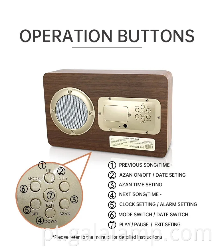 Equante Muslim Blue Tooth Conexão do despertador Hora de exibição de aprendizado Alto -falante de madeira SQ600 Presente de oração muçulmano